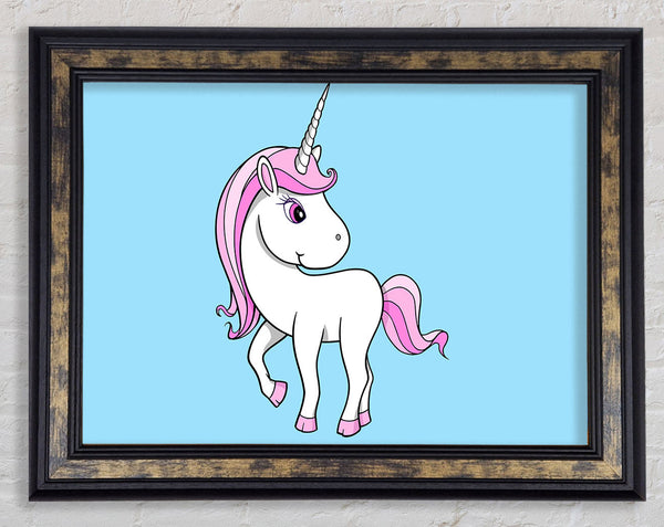 Unicorn Walking Baby Blue Framed Print