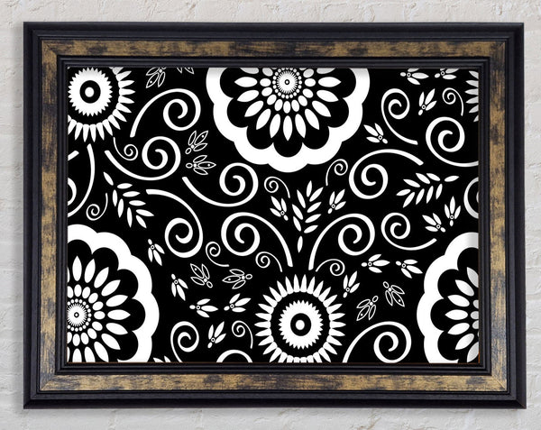 Flock Of Flowers White On Black Framed Print