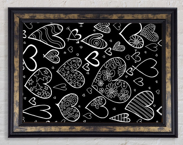 Hearts White On Black Framed Print