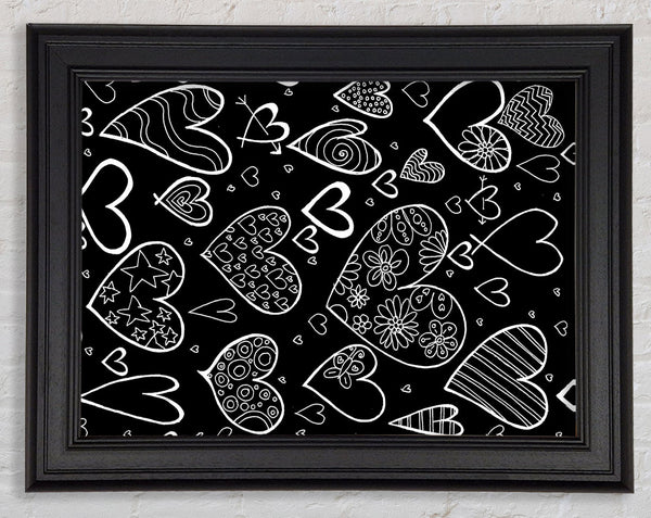 Hearts White On Black Framed Print