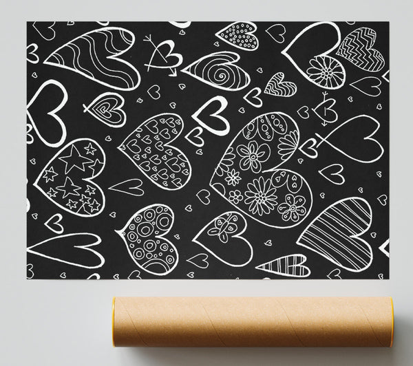 Hearts White On Black Giclee Print