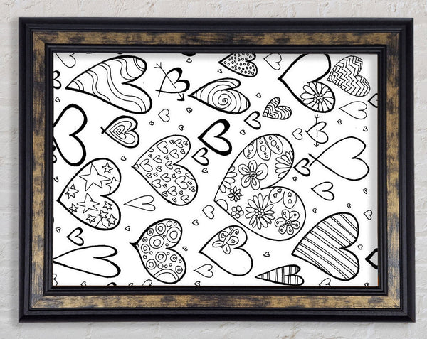 Hearts Black On White Framed Print