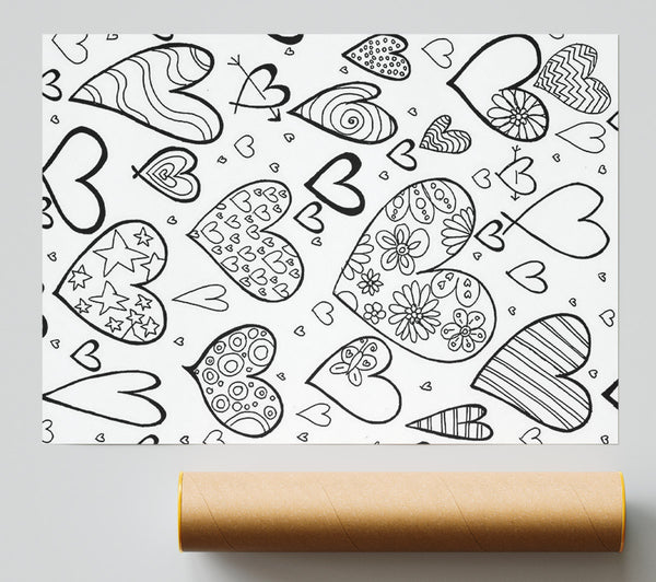 Hearts Black On White Print