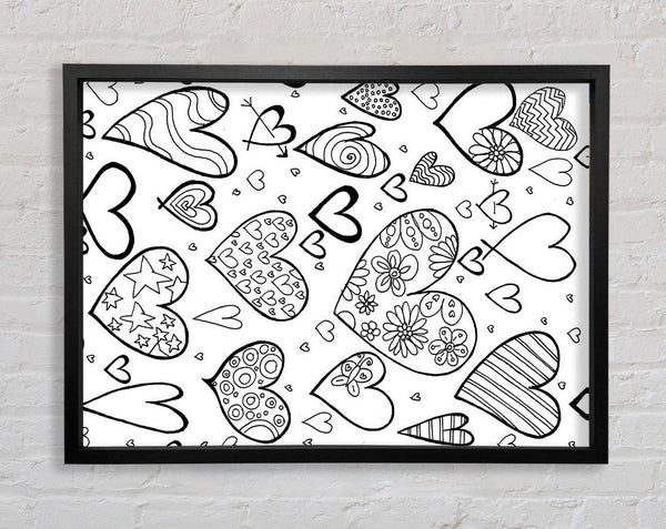 Hearts Black On White Framed Print