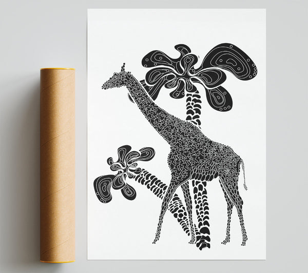 Giraffe Safari B N W Poster
