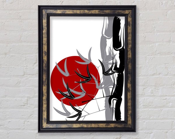 Bamboo Leaves In The Red Sun Framed Print