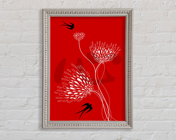 Flower Doves White On Red Framed Print
