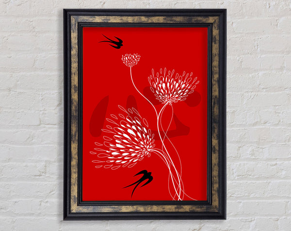 Flower Doves White On Red Framed Print