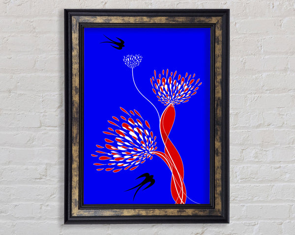 Flower Doves Blue On Red Framed Print