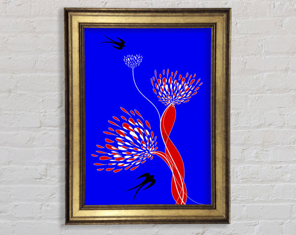 Flower Doves Blue On Red Framed Print