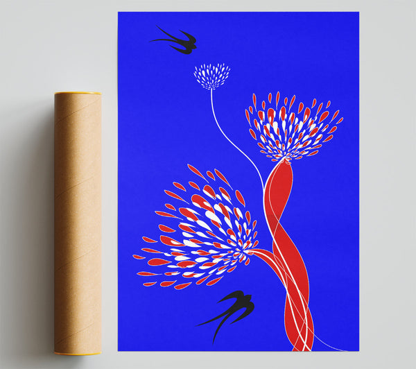 Flower Doves Blue On Red Giclee Print