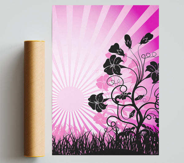 Black Flowers Pink Sunrays Giclee Print