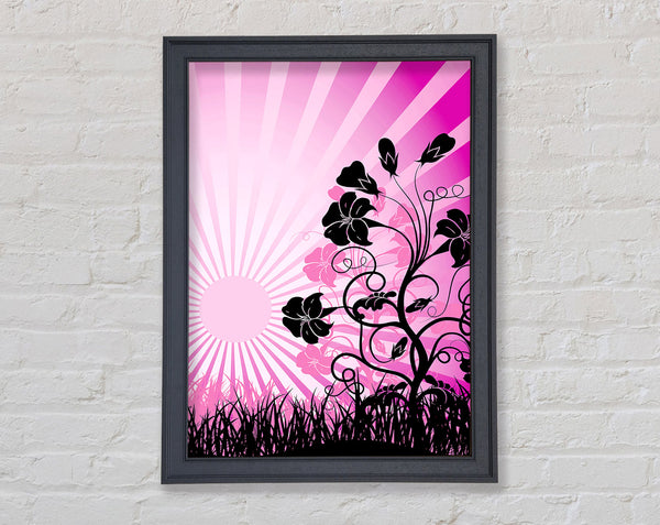 Black Flowers Pink Sunrays Framed Print