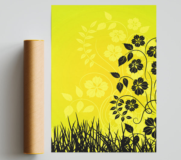 Black Flowers In Yellow Sun Print