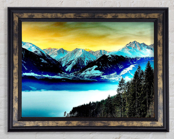 Snowy Mountains And Fog Filled Valley Framed Print
