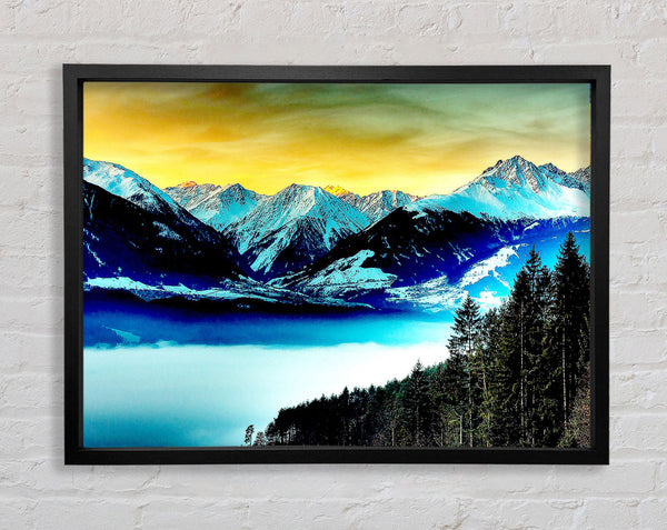 Snowy Mountains And Fog Filled Valley Framed Print
