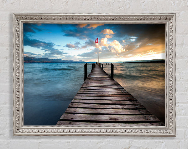 Lake Pontoon At Dusk Framed Print