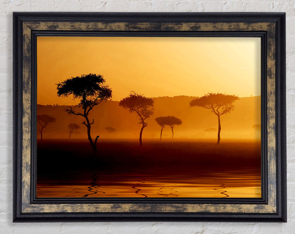 Misty Sunrise Lake Framed Print