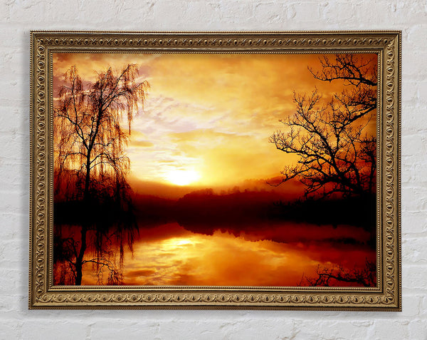Golden Clouds Over The Lake Framed Print