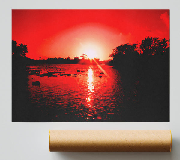 Red Ocean Sun Blaze Poster