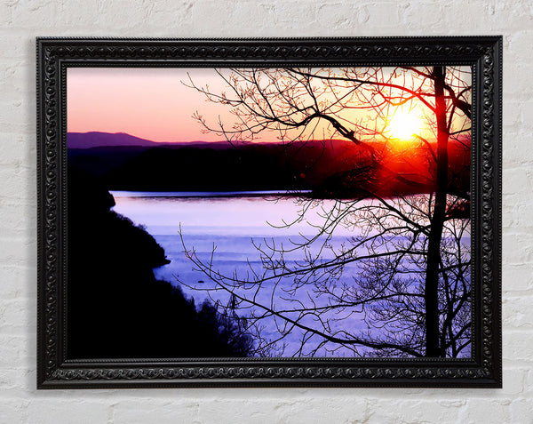 Blazing Red Sun Over The Winter Lake Framed Print