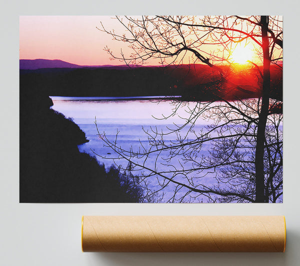 Blazing Red Sun Over The Winter Lake Giclee Print