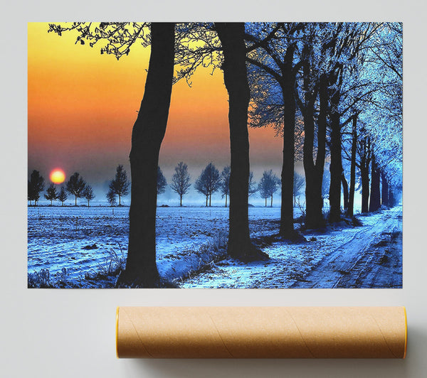 Winter Landscape With Orange Sky Poster
