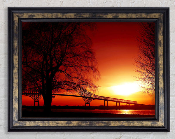 Bridge Over The Orange Winter Lake Framed Print