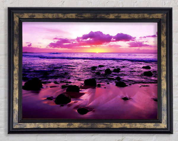Purple Ocean Sunrise Rocks Framed Print