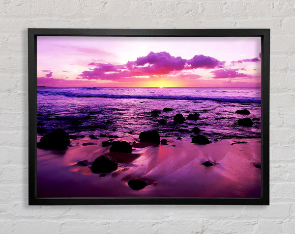 Purple Ocean Sunrise Rocks Framed Print
