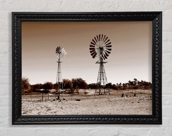 Australian Windmills Sepia Framed Print