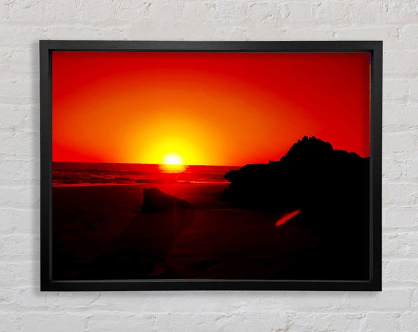 Red Rocky Ocean Sun Blaze Framed Print