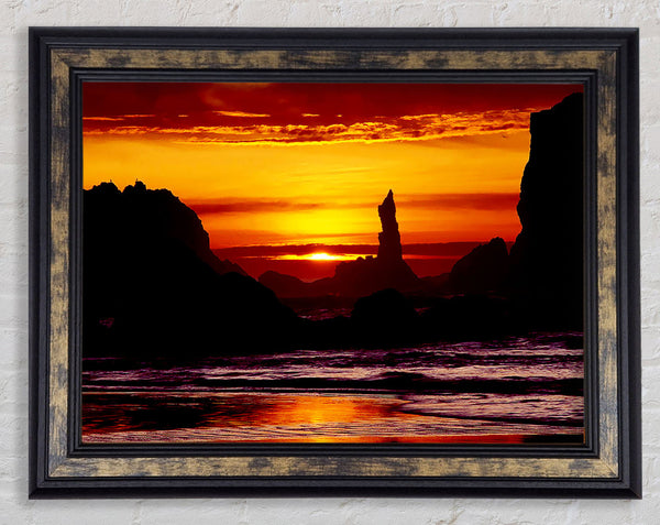 Tranquil Orange Ocean Rocks Framed Print