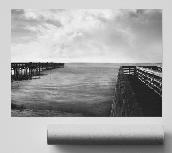 Twin Pier Ocean B N W Giclee Print