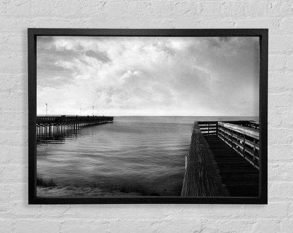 Twin Pier Ocean B n W Framed Print