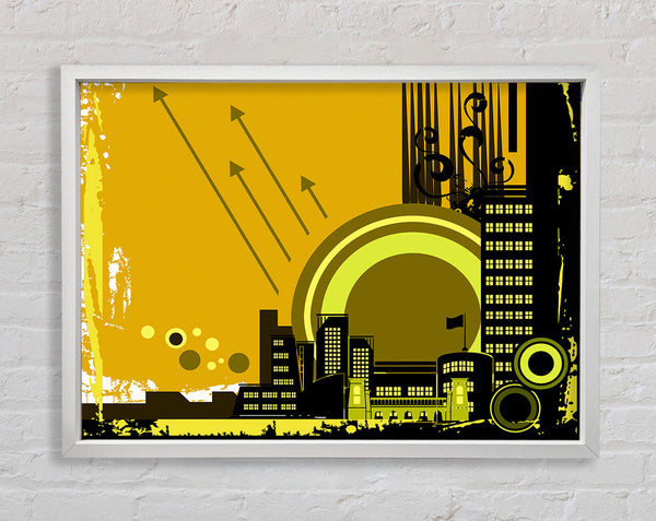 Contemporary City Sun Yellow Framed Print