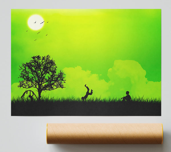 Children Playing Green Giclee Print