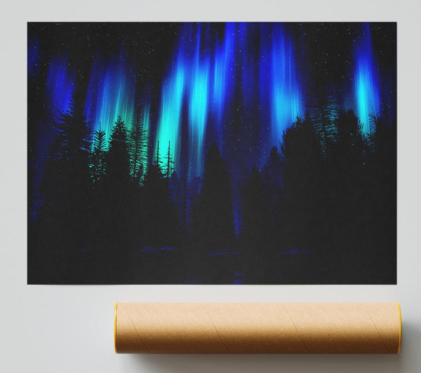Blue Northern Lights Through The Forest Giclee Print