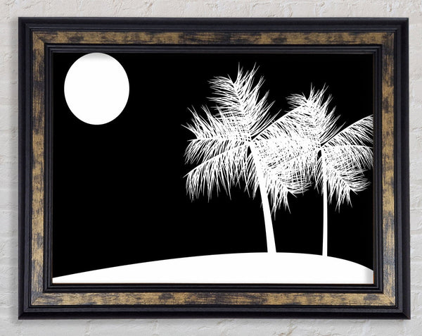 Palm Tree Moon White On Black Framed Print