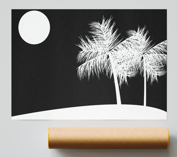 Palm Tree Moon White On Black Print