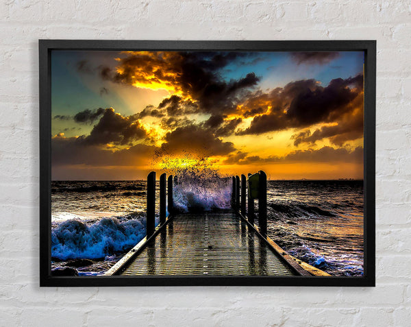 Waves Crashing On The Pier At Sunset Framed Print