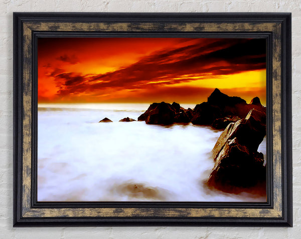 Stunning Red Sky Ocean Mist Framed Print