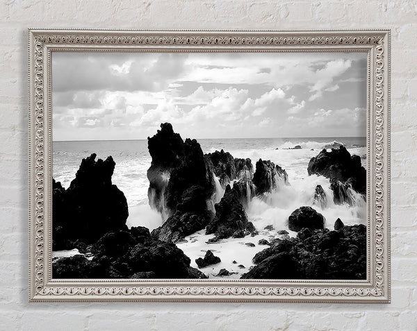 Crashing Waves Over Rocks B n W Framed Print