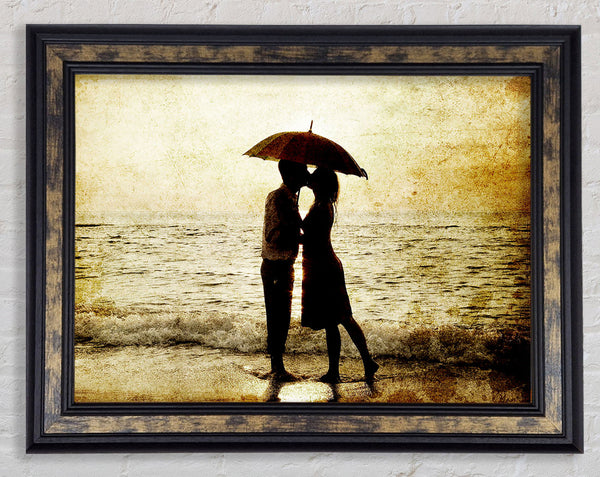 Romantic Love Couple In The Rain Framed Print