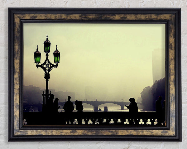 People On Misty Bridge Framed Print