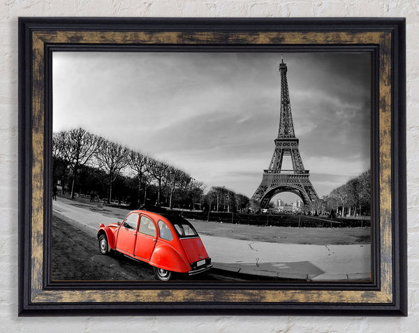 Red Car-Eiffel Tower Paris Framed Print