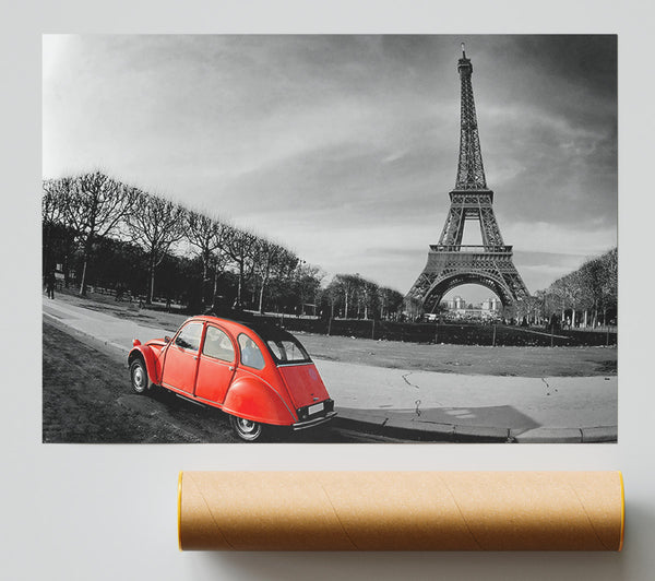 Red Car-Eiffel Tower Paris Giclee Print