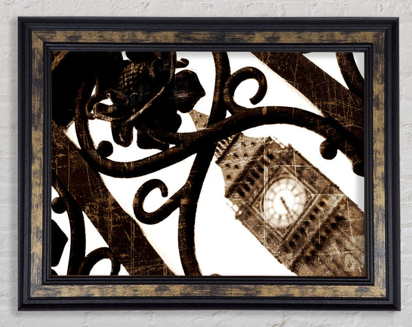 London Big Ben Through The Gates Sepia Framed Print