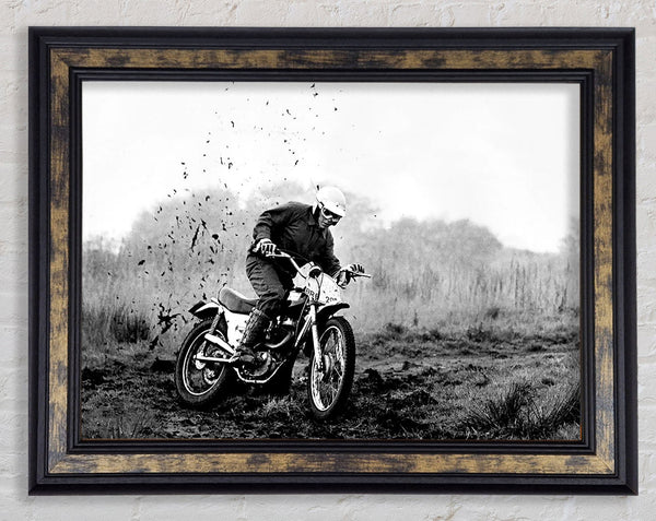 Motor Bike In The Mud B n W Framed Print