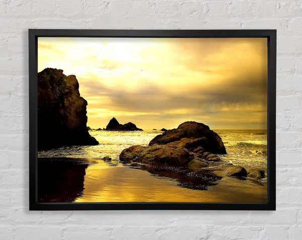 Rocky Beach At Yellow Dawn Framed Print